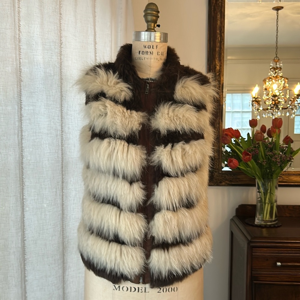 Rabbit Fur Vest in Cream & Chocolate Brown. Size Small.